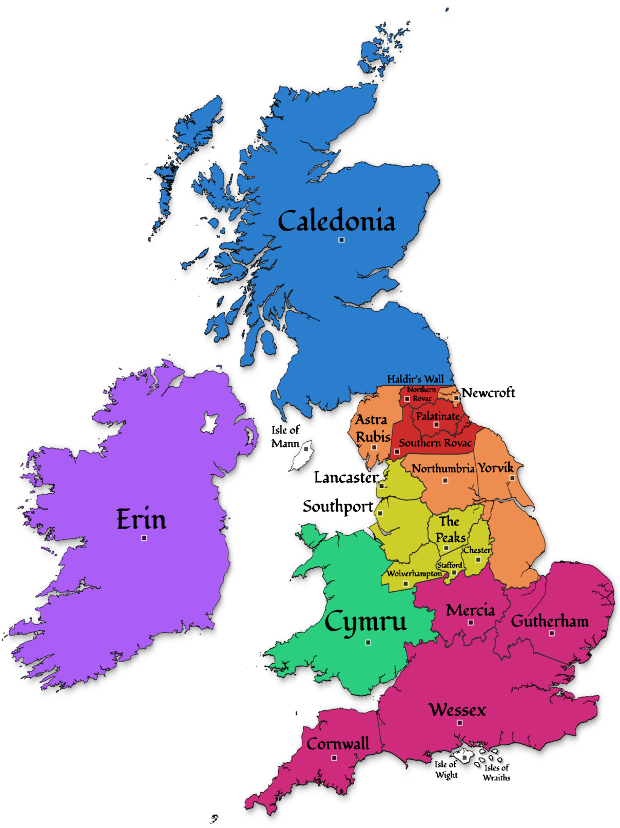 A map of 'Albion' and its surrounding countries. Depicts the UK and Ireland with their TT equivalent names. New are the 'Isles of Wraiths', east of the Isle of Wight.